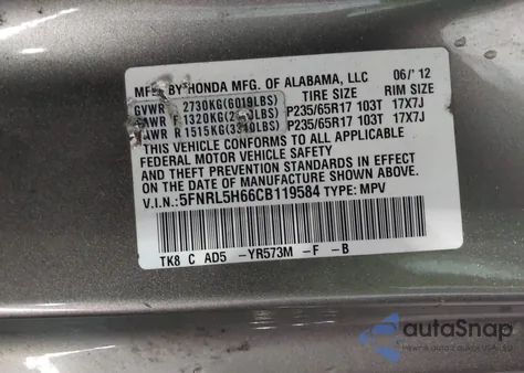 2012 Honda Odyssey Ex-L z USA, uszkodzony, nr VIN 5FNRL5H66CB119584
